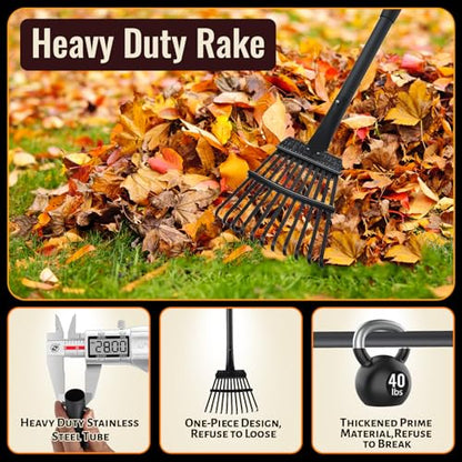 Small Rakes for Garden Beds,11 Tines Heavy Duty Metal Yard Hand Rake with 63in Adjustable Handle,Ideal Gardening Rakes for Gathering Leaves,Shrub,Dog Poop,Garden Flower Beds