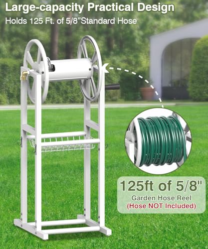 Freestanding Garden Hose Reel holds 125ft Hose of 5/8" with 4 Hooks, 4-Spike Outdoor Hose Holder with 3.9ft Leader Hose & Brass Fitting, Detachable Metal Hose Stand with Storage Rack, White - color: White
