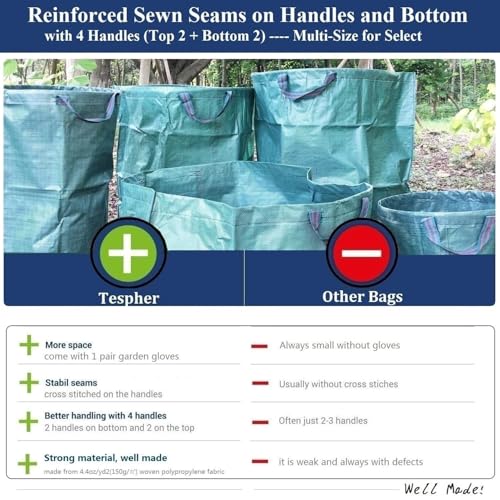 Professional 3-Pack 72 Gallon Lawn Garden Bags Big (D26,H30 in) Reusable Yard Waste Bags with Gardening Gloves for Leaf Bag,Lawn Clippings,Hedge Pruning,Tree Trimmings,Yard Debris,Weeds Bag 4 Handles