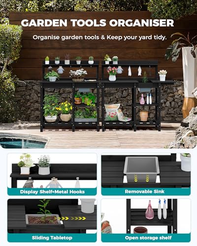 SERWALL Outdoor Potting Bench with Removable Sink,Gardening Table,Black - color: Black, size: Classic