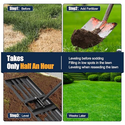 Professional Lawn Leveling Rake 30x10in - Heavy Duty Leveling Tool with 80" Adjustable Stainless Steel Handle | Golf Field Sand Spreader, Football Pitch Grass Leveler | Rustproof Turf Grading Rake - size: 30x10", 80"