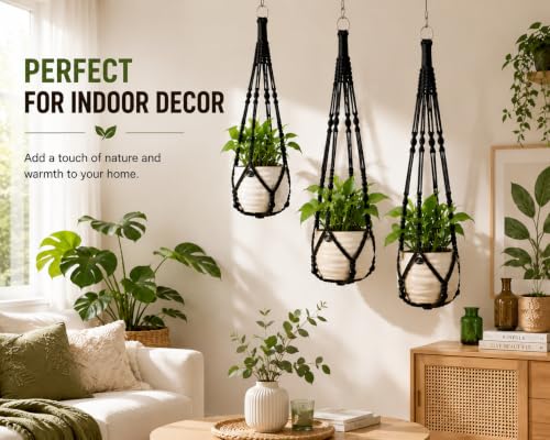 Macrame Plant Hangers with Beads for Indoor and Outdoor, 3 Pack - color: Black