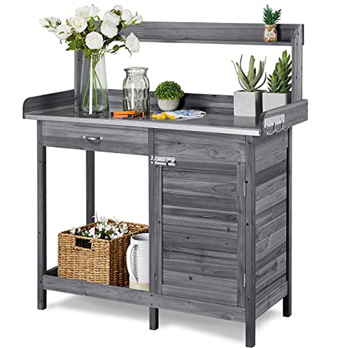 Topeakmart Outdoor Potting Bench with Storage Potting Table,Gray - color: Gray