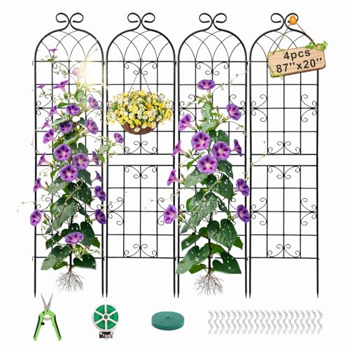 2.2M（86.7" H x 19.7" W） Black Iron Garden Trellis for Climbing Plants, 4PCS Metal Flower Support with Scroll Design & Powder Coating, Outdoor Decor for Roses, Vines, Patio, Yard, Fence - color: 4PCS-1