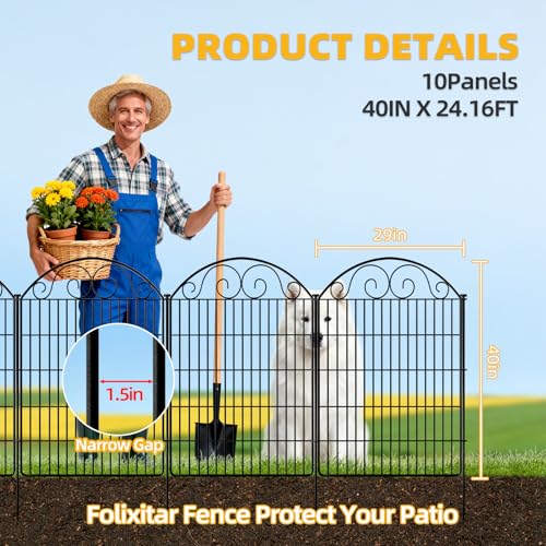 COLRASN 10 Panels No Dig Decorative Garden Dog Fence Outdoor for Yard, 40in(H) x 24.16ft(W) Tall Animal Barrier Fenceing Panels, Rustproof Ground Stakes Temporary Wire Screen for Patio - size: 40 in(H) X 24.16ft(L)