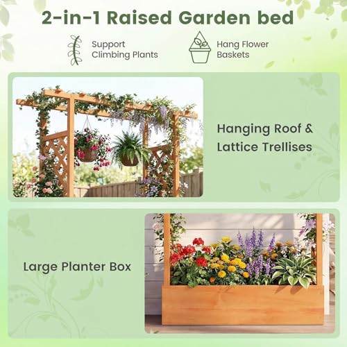 Giantex Wooden Raised Garden Bed with Trellis & Hanging Roof, Fir Wood Planter Box, 89” Freestanding Elevated Garden Bed for Outdoor Climbing Plants Vegetables Flowers, Patio & Balcony, Orange - color: Orange, size: 43”x14”x89”