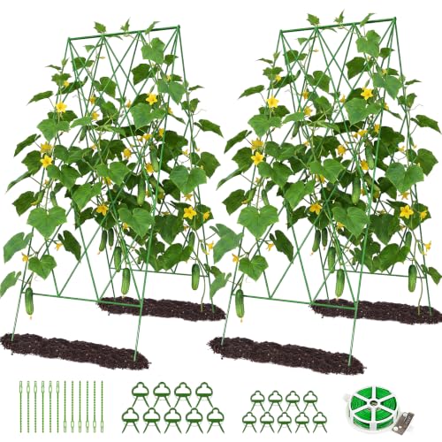 DoCred 39.4" H Cucumber Trellis, 2 Pack Foldable A Frame Garden Trellis - color: Steel Green, size: 39.4" H (Standard)