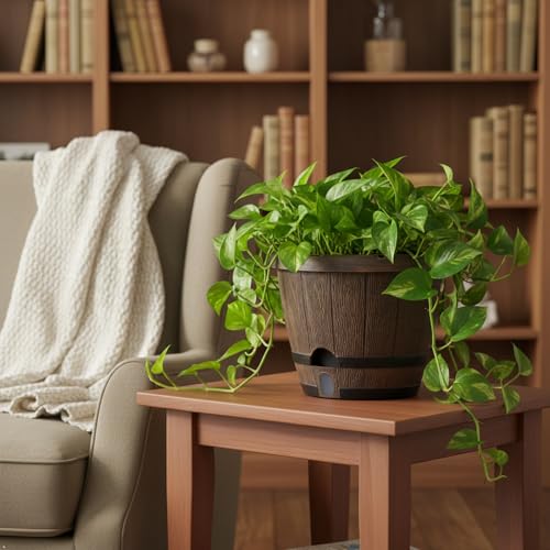 Sun-E 10" Self-Watering Whiskey Barrel Planter 3 Pack for Indoor Outdoor - color: Brown Wooden Grain