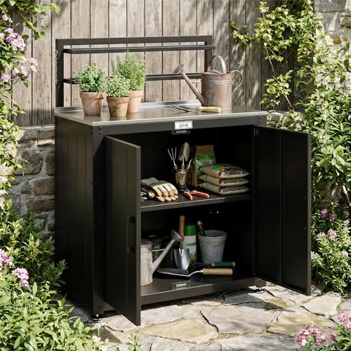 Feasto Outdoor Potting Bench Table with Storage Cabinet, Black - color: Black