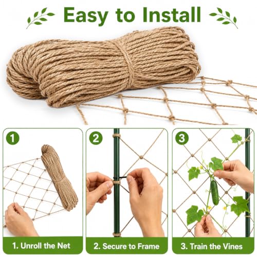 Jute Trellis Netting for Climbing Plants Heavy Duty Jute Plant Support Net for Garden Natural Jute Hemp Rope Net with 5.9 inch Mesh for Climbing Vining Plants, Cucumber, Tomatoes (6.5 * 10 FT) - size: 6.5*10 FT