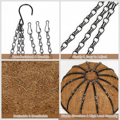 14 Inch Metal Hanging Basket with Coco Coir Liner for Flowers Planting - size: Twisted Bar 14" & 2 Pcs
