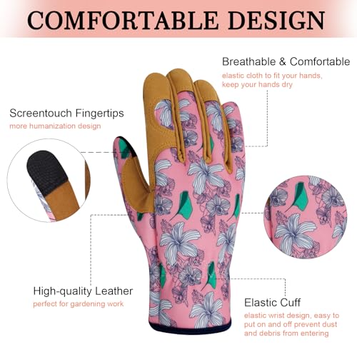 Leather Gardening Gloves for Women Thorn Proof Garden Gloves Touch Screen Working Gloves Gifts,M - color: P Flower