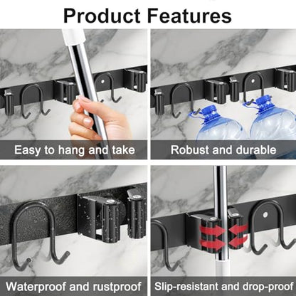 Broom Holder Wall Mount, 2 Packs Black Stainless Steel Tool Storage Organizer for Kitchen Garden Garage Laundry Room Bathroom and RV with 4 Slots 6 Hooks - color: Black-2 Pack