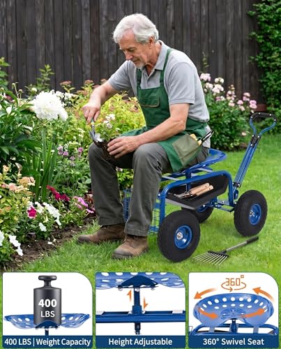 Garvee Heavy Duty Garden Workseat, Garden Scooter Rolling Seat 360° Swivel - color: Blue