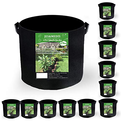 JES&MEDIS 12-Pack 5 Gallon Plant Grow Bags Thick Aeration Non Woven Fabric Flower Vegetable Pots with Handles Garden Container Black (5 Gallon_12 Pack) - size: 5Gallon_12Pack