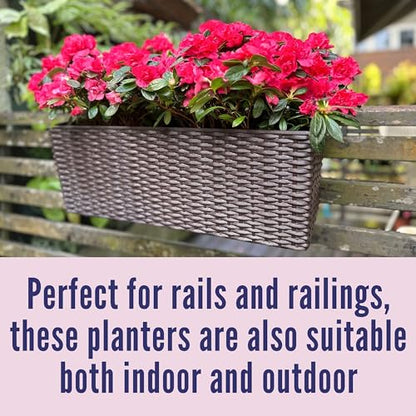 LaLaGreen Outdoor Rail Planter for Balcony (20 Inch, 2 Pack) Large Black Self Watering Railing Planters with Brackets, Rectangular Plastic Window Flower Box Fence Designer Choice with Rattan Pattern - color: Brown X 2