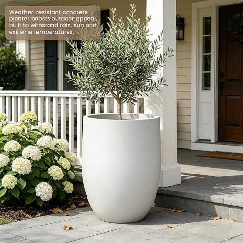 Kante Large Round Bullet White Concrete Planter 21.7" Tall, Outdoor - color: White