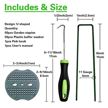 Bakulyor 50pcs Green Artificial Turf Stakes Staples + 50pcs Buffer Washer, 6 Inch 11 Gauge Landscape Staples, Galvanized Lawn Spikes, Heavy Duty Yard Ground Pin for Grass Weed Barrier Sod Fabric - color: Green