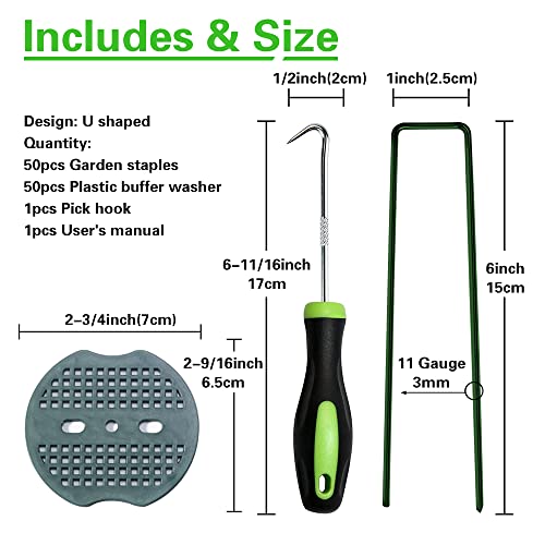 Bakulyor 50pcs Green Artificial Turf Stakes Staples + 50pcs Buffer Washer, 6 Inch 11 Gauge Landscape Staples, Galvanized Lawn Spikes, Heavy Duty Yard Ground Pin for Grass Weed Barrier Sod Fabric - color: Green