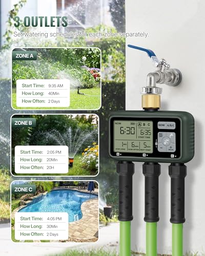 3 Zone Brass Sprinkler Timer, Garden Hose Timer, Automatic Irrigation System, Programmable Faucet, 3 Outlets, with Rain Delay, Manual Mode,Child Lock, for Yard, Garden, Lawn, Green E13WT06