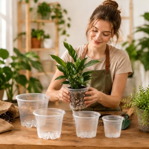 16 Pack 10/7/6/5 Inch Clear Nursery Pots with Drainage Holes, Large Clear Plastic Pots with Plant Labels, Nursery Pots for Seedlings, Herbs, Vegetables, Flowers
