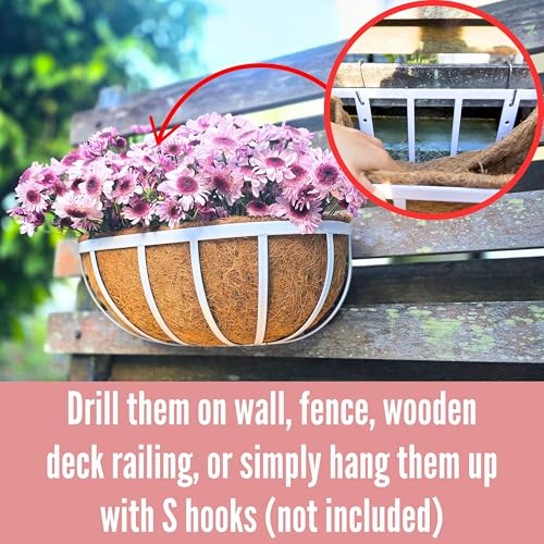 LaLaGreen Window Planter Box (16 Inch, 2 Pack) White Metal Deck Railing Flower Boxes with Coco Liners, Rectangular Wall Planters for Outdoor Plants Horse Troughs Fence Balcony Garden Herb Patio Porch - size: 16 Inch (2 Pack)