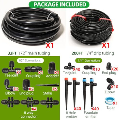 233FT Drip Irrigation System for Garden Kit with 1/2 Inch and 1/4 Inch Tubing Automatic Irrigation Equipment Locked Fittings Micro Drip 360 Degree Fan Sprayer Watering Kit for Greenhouse
