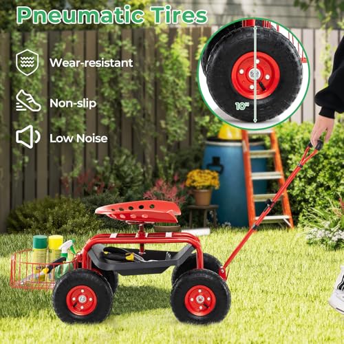 Garden Seat with Wheels, Rolling Stool with Extendable Handle, Storage Basket & Tool Tray, Garden Scooter with 360 Degree Swivel Seat for Outdoor & Yard (Red) - color: Red