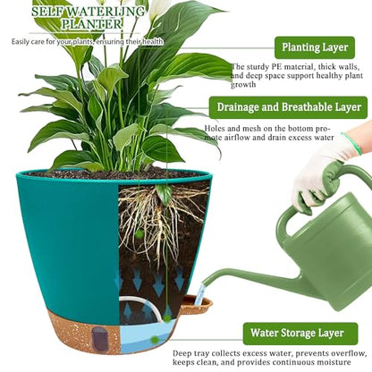 2 Pack 8 inch Plant Pots, Plastic Self Watering Planters - color: Turquoise, size: 8 inch