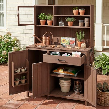 Merax Outdoor Garden Potting Bench with Hutch, 65" H Solid Fir Wood Patio Garden Workstation Tabl with Large Countertop, Adjustable Shelves, Door Rack, Side Hook and Drawer, Brown - color: Brown