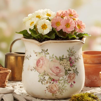 Ceramic Flower Vase, Rustic Farmhouse Vases & Planting Pots with Drainage - color: Ivory Blush Floral