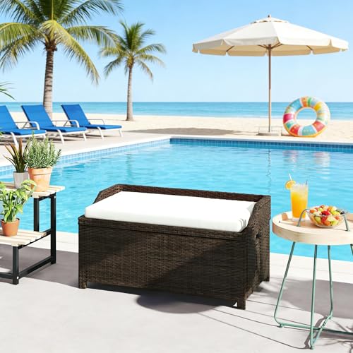 40" Outdoor Wicker Storage Bench, 34 Gallon Deck Box with Cushion, Coffee - color: Coffee,cream White