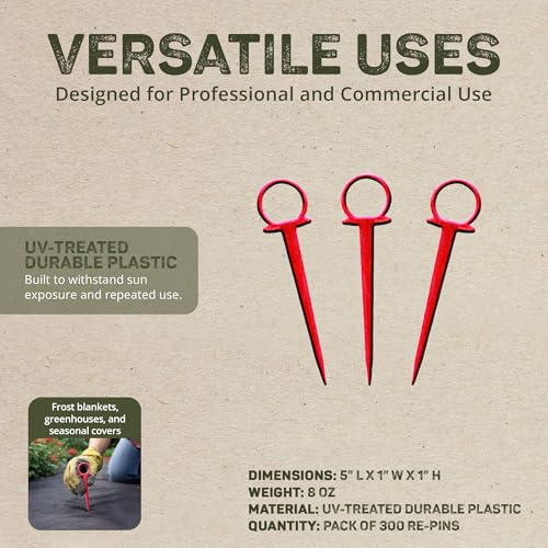 Dewitt 300-Pack Red Re-Pins Gardening Anchors – Reusable Plastic Garden Stakes for Securing Frost Cover, Plant Protector, Seed Blanket, and Lightweight Landscape Fabric