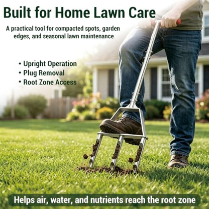 PPZ Manual Core Aerator Lawn Tool with 3 Hollow Tines for Compacted Soil