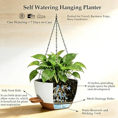 2 Pack 12 Inch Self‑Watering Hanging Planters Plant Pots, White‑Brown - color: White Brown