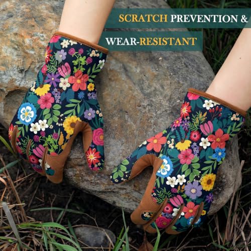 Gardening Gloves for Women, Breathable Leather Garden Gloves,Gardening Gift - color: Black - Brown Flowers