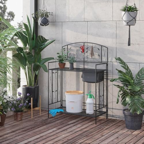 Folding Potting Bench Table, Metal Garden Workstation with Built-in Soil Bag and Cover, 5 Hanging Hooks, 2-Tier Storage Shelves, Portable Outdoor Planting Table with Leaf Pattern, Black