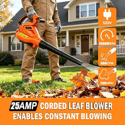 GARCARE 3-in-1 Electric Leaf Blower Leaf Vacuum and Mulcher 500 CFM 200 MPH