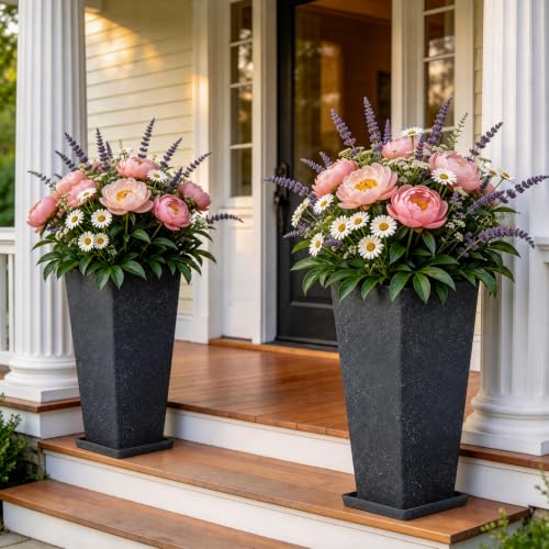 Autodaya 28" Plant Pots Tall Planters for Plants Outdoor Set of 2 with Tray - color: Tall Terrazzo Black-28"
