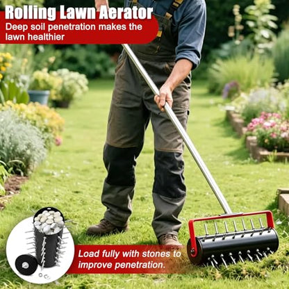 Rolling Lawn Aerator Tool Heavy Duty Manual Push Aerator Lawn Tool with 42 Spikes Lawn Aerator Spike Tool Soil Penetrator Push Lawn Aeration for Garden Yard Patio (Red)