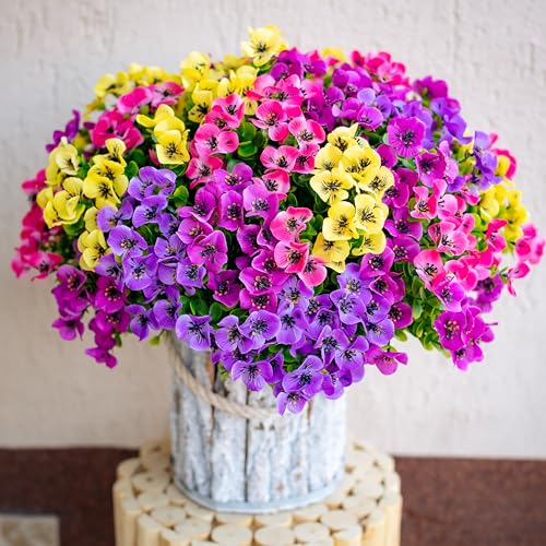 AXYLEX Artificial Pansies Outdoor, 16 Bundles Fake Plants (Yellow Mix) - color: Mixed, 4 Colors Red Pink Purple Yellow
