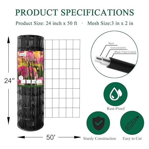 Black PVC Coated Welded Wire Fence 24" x 50' Roll, 2"x3" Mesh, 16 Gauge - color: Black, size: 2''x3'' 16GA 24''x50'