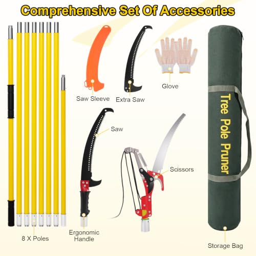 7.3-27FT Extendable Pole Saw with Scissors, Lightweight 8 Section Fiberglass Pole, Sharp High Carbon Steel Double-Hook Saw, Manual Tree Trimmer for High Branch Trimming,Lawn and Garden