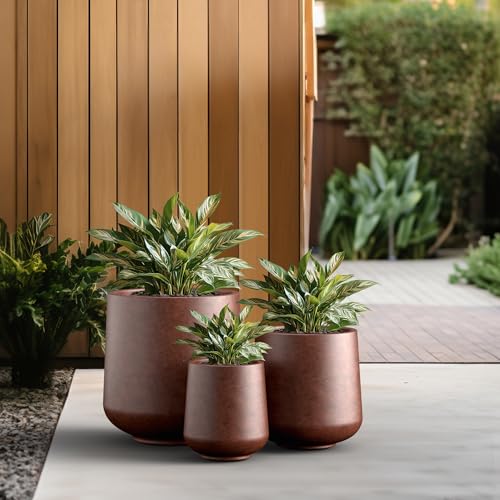 Kante Set of 3 Rusty Concrete Curved Planters 16.5" 13" 9.4" Dia - color: Rusty, size: Set of 3: 15.3" + 11.6" + 8.2" D