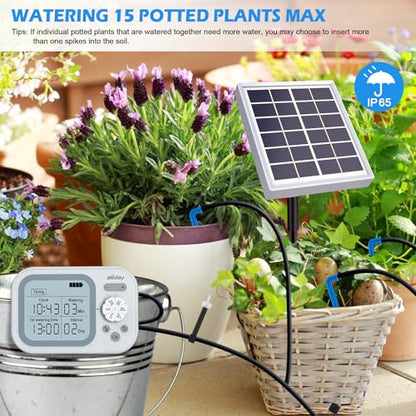 Solar Drip Irrigation System, 490 Timer Modes, 50FT Automatic Plant Watering Kit for 15 Potted Plants, IP67 Waterproof Auto Solar Irrigation Indoor and Outdoor Use for Garden,Balcony, Patio