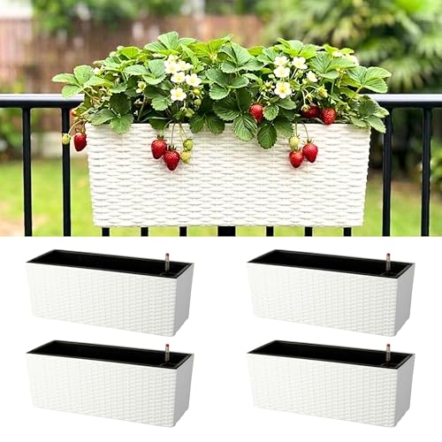LaLaGreen Deck Railing Planter Box (20 Inch, 4 Pack) White Rectangular Window Flower Boxes with Bracket, Self Watering System Hanging Planter Box for Outdoor Plant Container Herb Rail Fence Balcony - color: White X 4