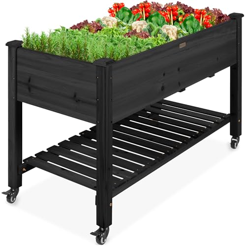 Best Choice Products Raised Garden Bed 48x24x32-inch Mobile Elevated Wood Planter w/Lockable Wheels, Storage Shelf, Protective Liner - Black - color: Black