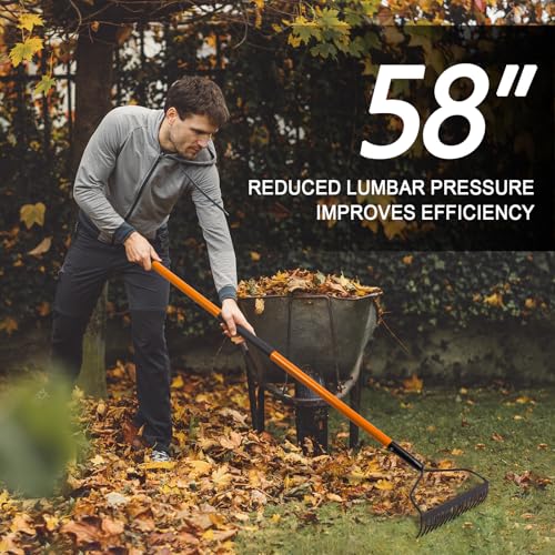 VNIMTI Garden Rake for Gardening, Heavy Duty Garden Rake for Lawns, 14 Tines Bow Rake with Fiberglass Handle, 58 Inches