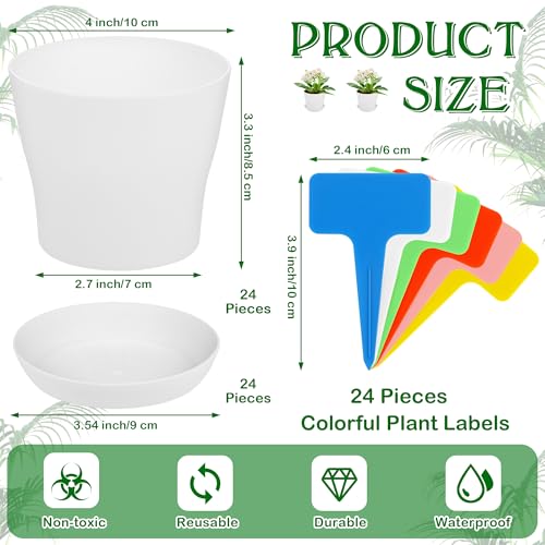 Aodaer 24 Pack 4 Inch Plastic Planters with Multiple Drainage Holes and Tray Indoor Outdoor Flower Plant Nursery Pots with Labels Flower Seedling Pots for Herb Garden Home Succulents, White - color: White