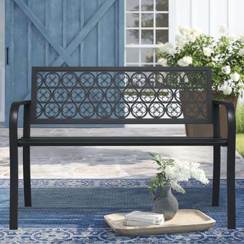 50" Outdoor Bench, Metal Weatherproof Garden Bench Cast Iron Heavy-Duty Patio Bench with Decorative Backrest for Proch Park 880lb Capacity - style: Clover-Black